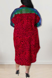 Красное повседневное платье-рубашка с леопардовым принтом в стиле пэчворк Асимметричное платье-рубашка с отложным воротником Платья больших размеров