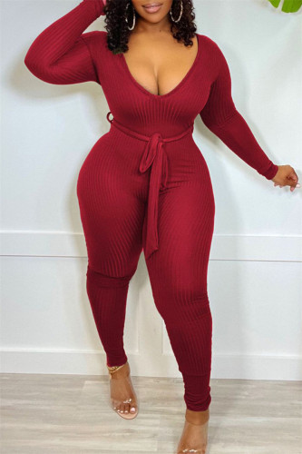 Burgundy Casual Solid Patchwork V Neck Skinny Jumpsuits