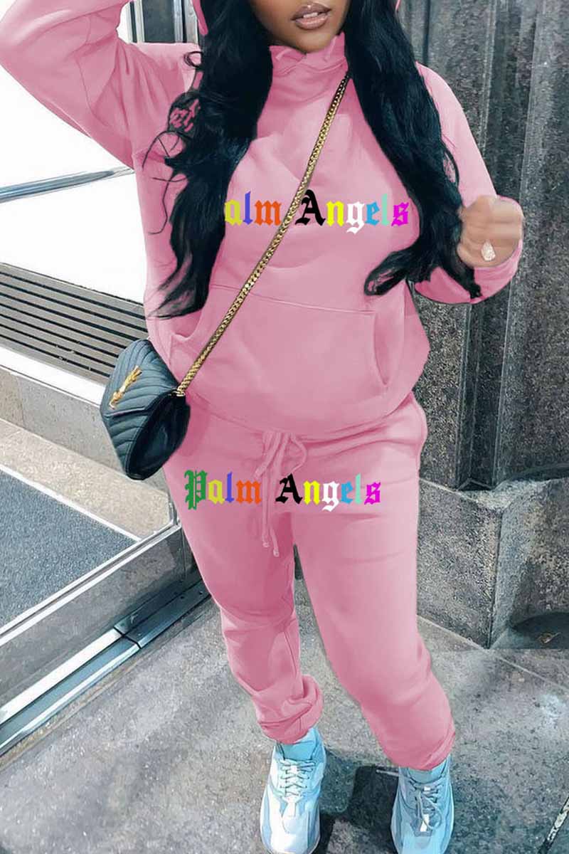 

Pink Casual Print Letter Hooded Collar Long Sleeve Two Pieces