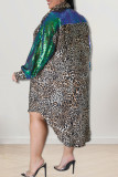 Зеленое повседневное платье-рубашка с леопардовым принтом в стиле пэчворк Асимметричное платье-рубашка с отложным воротником Платья больших размеров