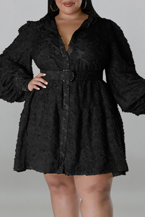 ブラック カジュアル ソリッド パッチワーク バックル ベルト ターンダウン カラー シャツ ドレス プラス サイズ ドレス