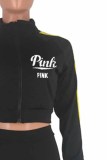 Black Casual Print Patchwork Letter Zipper Collar Long Sleeve Two Pieces