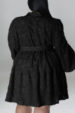 Черное повседневное однотонное платье-рубашка в стиле пэчворк с поясом и отложным воротником Платья больших размеров