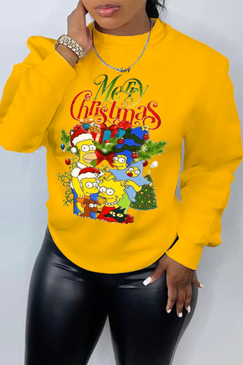 

Yellow Street Cute Character Patchwork O Neck Tops