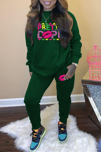 Dark Green Casual Print Patchwork O Neck Long Sleeve Two Pieces