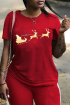 Camisetas con cuello en O de patchwork wapiti con estampado vintage de fiesta rojo