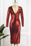 Rote, sexy, lässige Bronzing-Patchwork-Kleider mit V-Ausschnitt und langen Ärmeln