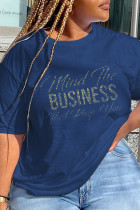 Navy Blue Casual Vintage Print Letter O Neck T-Shirts