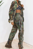Camouflage Casual Street Camouflage Print Quaste Patchwork Straight High Waist Straight Full Print Bottoms