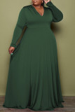 Чернильный зеленый Повседневное сплошное пэчворк V-образный вырез с длинным рукавом Платья больших размеров