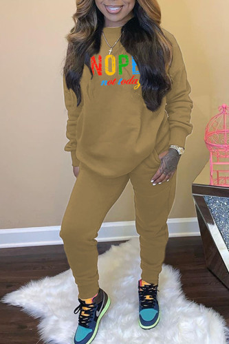 Khaki Casual Letter Print Hooded Collar Long Sleeve Sweatshirt And Skinny Pants Two Pieces Jogger Sets