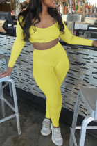 Лимонно-желтый Повседневная спортивная одежда Однотонный Пэчворк U-образный вырез Длинный рукав Из двух частей