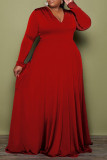 Robes de grande taille rouge décontracté solide patchwork col en V manches longues