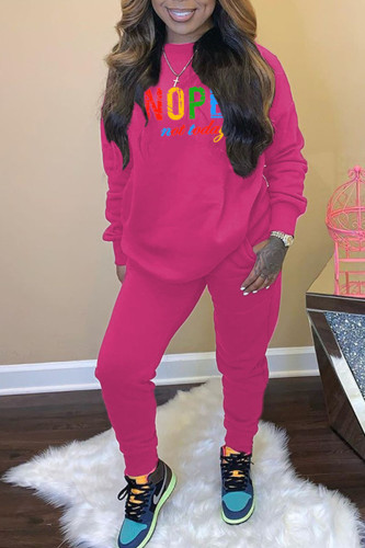 Rose Red Casual Letter Print Hooded Collar Long Sleeve Sweatshirt And Skinny Pants Two Pieces Jogger Sets