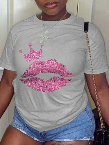 T-shirts à col rond patchwork imprimé lèvres quotidiennes vintage gris