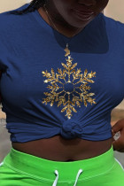 Navy Blue Plus Size Casual Party Snowflakes O Neck Plus Size Tops
