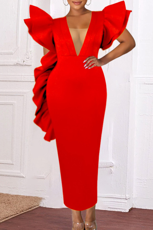 Laranja Vermelho Sexy Formal Sólido Patchwork Transparente V Neck Vestidos de Noite