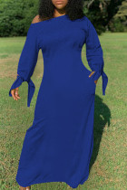 Королевский синий модный повседневный взрослый сплошной завязанный косой воротник с длинным рукавом длиной до пола платье с длинным рукавом платья