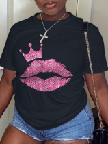 Zwarte Daily Vintage Lips bedrukte T-shirts met O-hals en patchwork