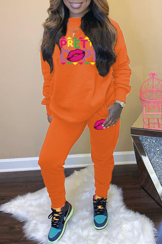 Orange Casual Print Patchwork O Neck Long Sleeve Two Pieces