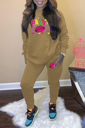 Khaki Casual Print Patchwork O Neck Long Sleeve Two Pieces