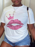 Marineblauwe Daily Vintage Lips bedrukte patchwork T-shirts met O-hals