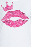 T-shirt o collo patchwork stampate con labbra vintage bianche giornaliere
