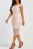 Кремово-белое модное сексуальное лоскутное кружевное платье с v-образным вырезом и коротким рукавом