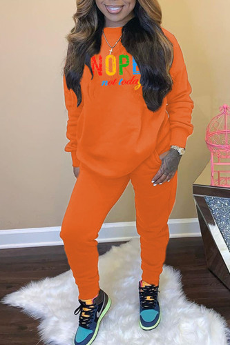 Orange Casual Letter Print Hooded Collar Long Sleeve Sweatshirt And Skinny Pants Two Pieces Jogger Sets