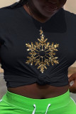 Navy Blue Plus Size Casual Party Snowflakes O Neck Plus Size Tops