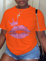 Orange Daily Vintage Lips Printed Patchwork O-hals T-shirts