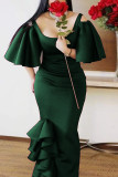 Ink Green Sexy Solid Hollowed Out Patchwork O Neck Evening Dress Dresses