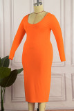 オレンジ カジュアル ソリッド パッチワーク Vネック ロングスリーブ プラスサイズ ドレス