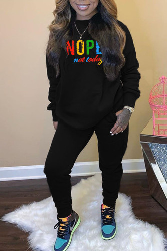 Black Casual Letter Print Hooded Collar Long Sleeve Sweatshirt And Skinny Pants Two Pieces Jogger Sets