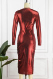 Rote, sexy, lässige Bronzing-Patchwork-Kleider mit V-Ausschnitt und langen Ärmeln