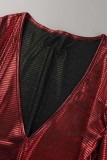Robes à manches longues à col en V et patchwork bronzant décontractées argentées