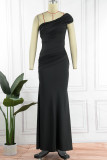 Black Sexy Formal Solid Patchwork Backless Slit Oblique Collar Evening Dress Dresses