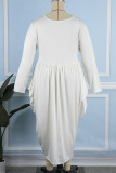 White Casual Solid Patchwork Fold V Neck Irregular Dress Plus Size Dresses