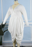 Witte casual effen patchwork vouw V-hals onregelmatige jurk Grote maten jurken