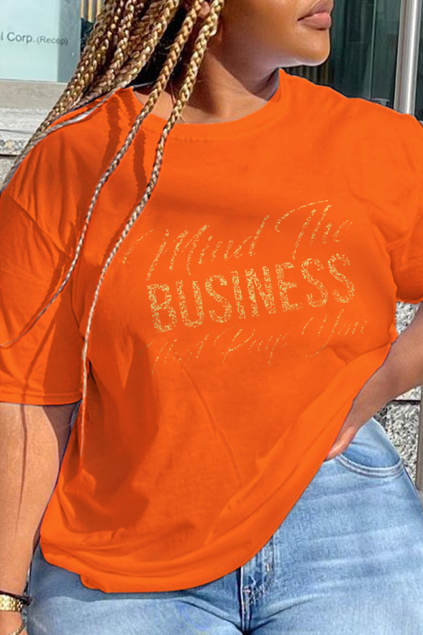 T-shirt con scollo a lettera O con stampa vintage casual arancione