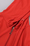 ローズレッドカジュアルソリッドパッチワークフード付きカラー長袖ツーピース