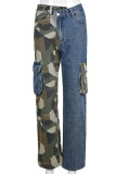 Blaue, lässige Street Camouflage-Print-Patchwork-Tasche, asymmetrische Denim-Jeans mit hoher Taille