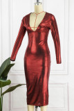 Röda sexiga Casual Bronzing Patchwork V-hals långärmade klänningar