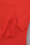 ローズレッドカジュアルソリッドパッチワークフード付きカラー長袖ツーピース
