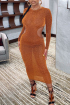 Vestidos de falda de un paso con cuello en O de patchwork ahuecado sólido sexy marrón