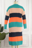 Green Casual Striped Cardigan Plus Size Overcoat