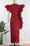 赤いセクシーなフォーマル無地パッチワーク シースルー V ネック イブニング ドレス ドレス