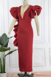 Rotes, sexy, formales, festes, durchsichtiges Patchwork-Abendkleid mit V-Ausschnitt