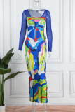 Vestidos de manga comprida colorida com estampa de patchwork e gola quadrada