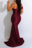 Бордовый сексуальный однотонный лоскутный разрез с косым воротником вечернее платье платья